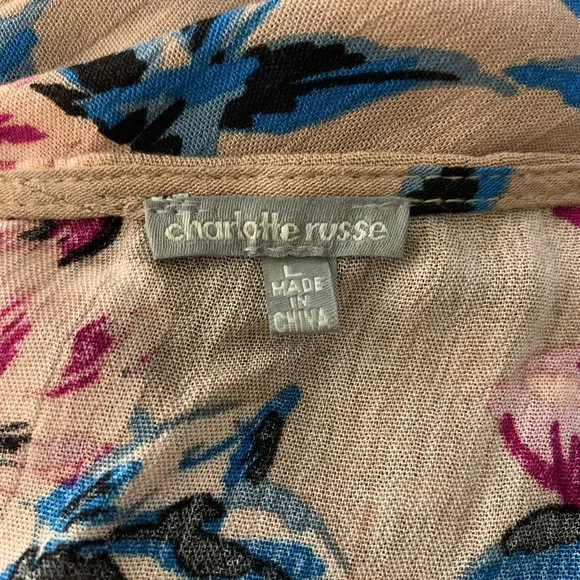 Charlotte Russe Open Front Kimono Top L Taupe Floral Ruffle Long Sleeves Rayon - Picture 7 of 7